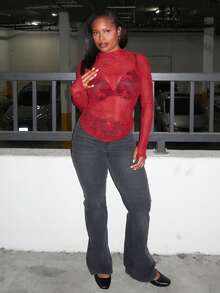 Tyla Gomez Women's Stand Collar Long Sleeve Lace Sheer Fitted Blouse - Burgundy - View 5