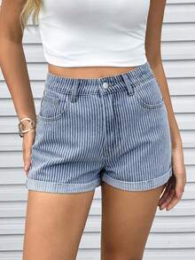 GlowEve Quần short denim kẻ sọc kiểu dáng thường ngày dành cho nữ, mùa hè. - Màu xanh lam - Xem 5