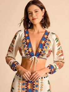 CAJUNI Women's Casual Tropical Resort Leopard, Coconut Tree, Parrot Orange Print V-Neck Long Sleeve Tie Front Crop Top, Elegant Blouse, Outerwear, Autumn, Boho Blouses, Resort Wear Women, - Orange - View 6