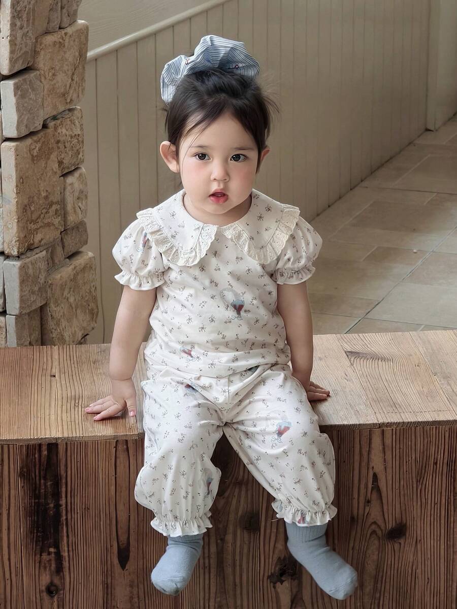 DAZY 2pcs Baby Girls' Peter Pan Collar Cartoon Print Long Sleeve T-Shirt & Ruffle Trim Pants Comfortable Homewear Set, Korean Style Toddler Girls Clothes - Beige - View 1