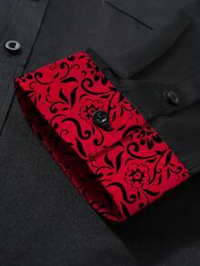 Manfinity Bizformal 男士奢華黑紅拼接襯衫，時尚休閒正裝襯衫，適合秋季派對，防皺長袖鈕扣商務設計師上衣，儀式穿搭 - 黑色 - 查看 5