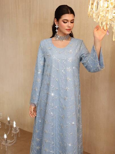 Al Najma 宽松飘逸刺绣串珠长袖连衣裙，阿拉伯风格