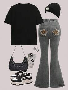 2pcs/Set Young Girl Casual Vintage Leopard Print & Star Graphic Loose Fit Round Neck Short Sleeve T-Shirt And Flare Pants, Suitable For Daily Wear, Spring & Summer - Multicolor - View 2