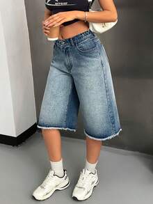 EURMUSE Quần short denim nữ ống rộng, dáng suông, có túi, đa năng, viền rách. - Rửa trung bình - Xem 4