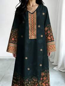 Al Najma Women's Retro Floral & Botanical Print V-Neck Long Sleeve Elegant Arabic Style Maxi Dress, Spring/Autumn - Multicolor - View 3