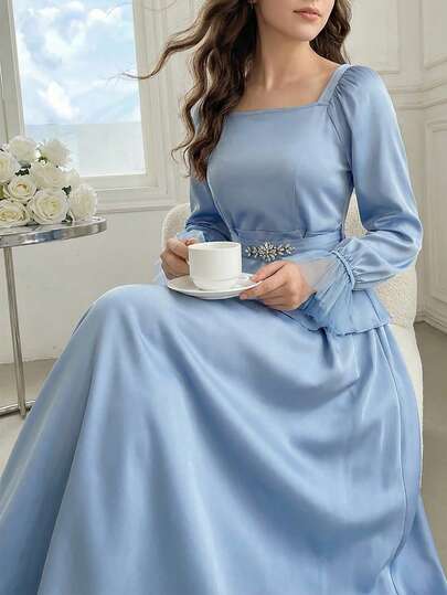 SHEIN Teen Girl Elegant Chiffon Two Pieces Set With Skirt,Baby Blue,Autumn,Graduation,Abaya Jalabiya For Performance,Etiquette,Daily Wear & Outing