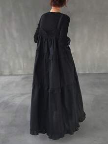 FRIFUL 女士纯色100%棉吊带褶皱荷叶边宽松休闲连衣裙长裙 - 黑色 - 查看 2