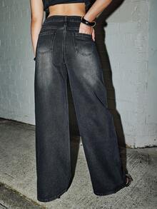 SHEIN ICON Retro Sexy Slim Fit Washed Rhinestone Embellished Wide Leg Jeans Jeans Glittersparkle Jeansrhinestone Jeans - Black - View 2