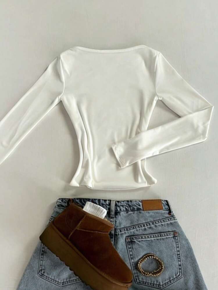 Glimmora Camiseta de manga larga de cuello cuadrado blanca minimalista y ajustada, adecuada para primavera, verano, otoño e invierno. Camiseta de moda, regalo de estilo minimalista para hermanos, hermanas, mamá, Día de la Madre y uso casual. - Blanco - Añade 2