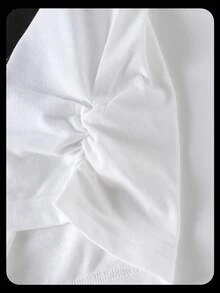 SHEIN Explorewe 2 件女童夏季休闲 V 领短袖 T 恤和宽松舒适长裤套装，白色 T 恤和黑色裤子 - 黑色 - 查看 7