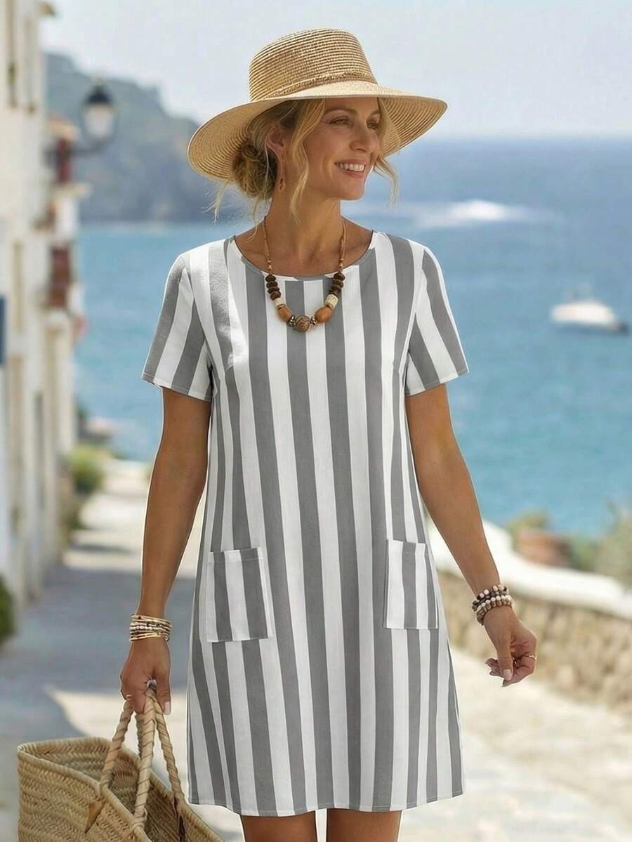 EMERY ROSE Damen Urlaubs Lässig Farbblock gestreiftes Mini-Kleid - Hellgrau - Übersicht 1