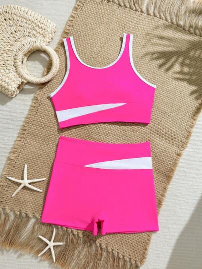 SHEIN Girls (Plus Size) Pink & White Contrast Color Tank Top And Shorts 2pcs Comfortable Cute Elastic Swimsuit Set