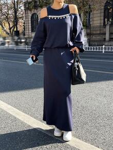 DAZY 女士休闲露肩上衣和半裙两件套 - 藏蓝色 - 查看 3