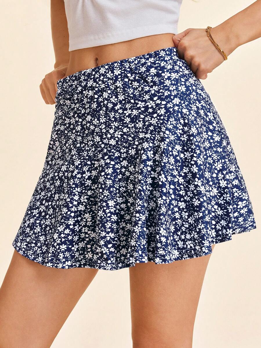 Coeurva 女士花卉印花迷你裙，休闲时尚，适合日常穿着 - 藏蓝色 - 查看 1