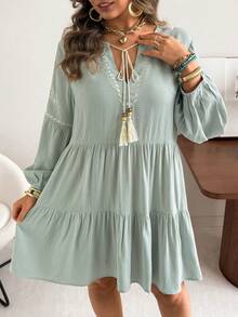 Ceyna 大码女装春夏法式浪漫西西里风优雅休闲通勤波西米亚度假下午茶V领叠层下摆宽松落肩长袖弹力袖口短款连衣裙 - 薄荷綠 - 查看 3
