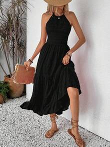 Breezaya Đầm maxi nữ màu trơn tối giản, kiểu dáng thường ngày, chất liệu đan chéo, thích hợp cho kỳ nghỉ hoặc đi biển. - màu đen - Xem 7