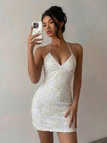 Aloruh Women's Fashionable Sexy Halter Backless Mini Dress, Summer - White - View 4