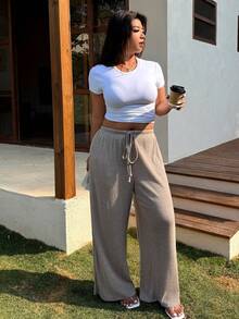SHEIN EZwear 大码女式纯色系带阔腿休闲裤，秋冬款 - 卡其色 - 查看 7