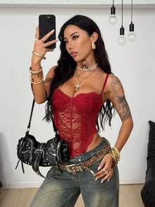 Coolane Trang phục dự tiệc mùa hè dành cho nữ, gợi cảm theo phong cách Y2K, áo liền thân ren đen ôm sát. - Đỏ - Xem 3