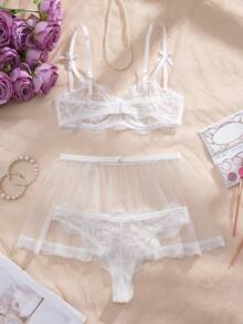 Crystal Vow 3件套女士新娘白色蕾丝梦幻婚纱内衣套装，包括性感薄纱文胸、舒适网纱迷你裙和丁字裤 - 白色 - 查看 7