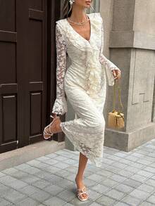 Livesso Lace Ruffle Waist Midi Dress For Women