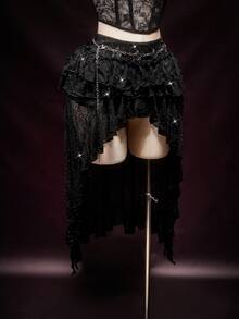 SHEIN ICON 女士水钻婚礼生日派对度假情人节黑色闪亮低腰不对称多层荷叶边下摆派对亮片性感半身裙 - 黑色 - 查看 4