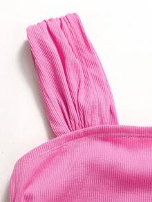 SHEIN 少女休闲优雅都市时尚蝙蝠袖拼接灯笼下摆连衣裙，春夏款 - 黑色 - 查看 4