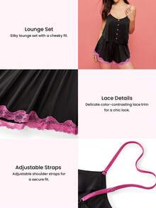 LUVLETTE 女士性感丝滑缎面奢华蕾丝边黑色V领吊带背心和短裤轻盈家居服睡衣套装情人节礼物 - 黑色 - 查看 3