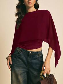 Poéselle Women's Solid Color Minimalist Poncho Sleeve T-Shirt, Everyday Wear - Burgundy - View 3