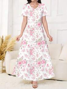 Al Najma 女士优雅V领短袖印花针织连衣裙，适合外穿或叠穿，是约会、度假、日常休闲、派对、节日、春夏的理想之选。 - 粉色 - 查看 5