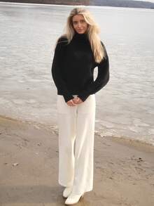Sydney Algeri Rib-Knit Turtleneck Drop Shoulder Sweater,Long Sleeve Tops Knit Pullover Fall Winter Outfit - Black - View 4