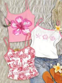 Attitoon 3件套女士碎花休闲吊带背心，适合夏季穿着 - 粉色 - 查看 1