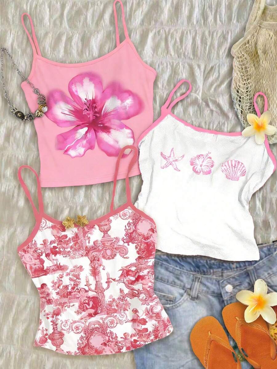 Attitoon 3件套女士碎花休闲吊带背心，适合夏季穿着 - 粉色 - 查看 1
