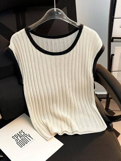 Franclia Blusa de punto de mujer de cuello redondo de manga corta, de estilo de negocios casual elegante, con ribete negro, color albaricoque, para primavera/verano