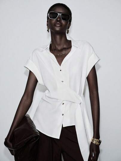 Lumivelle Women's Fashion Casual Commuting Office Tie Collar Short Sleeve Blouse, Spring/Summer