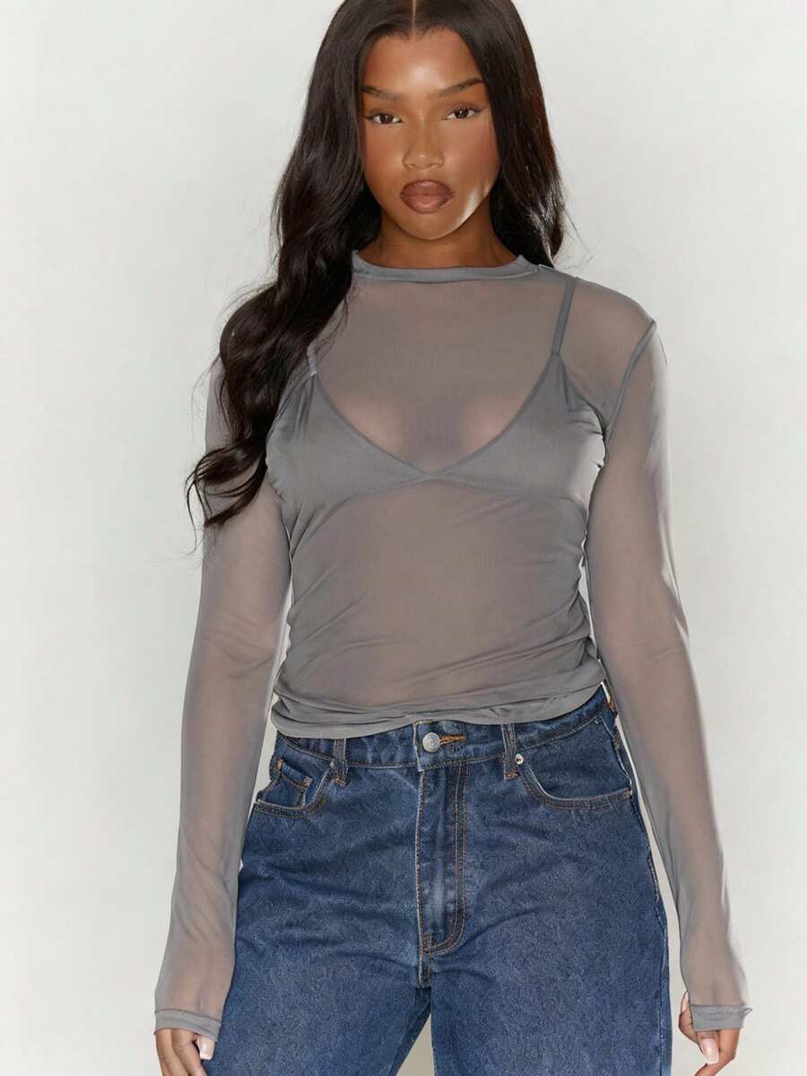 MUSERA Long Sleeve Crew Neck Top Casual Spring Vacation Capsule Wardrobe Everyday Airport Holiday Fall Back To School Autumn Winter  Thanksgiving ,Elegant - Grey - View 1