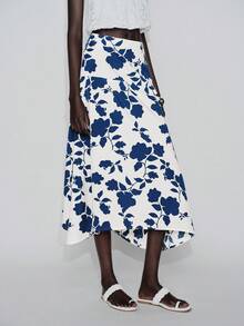 Lumivelle Women's Casual Vacation A-Line Low Waist Blue Floral Print Skirt Long Floral Skirt Flower Skirt Skirt Midi - Blue - View 5