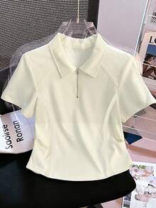 Resyla Half-Zip Polo Collar Short Sleeve T-Shirt, Pleated Shoulder, Waist Cinched, Cropped Top - White - View 1
