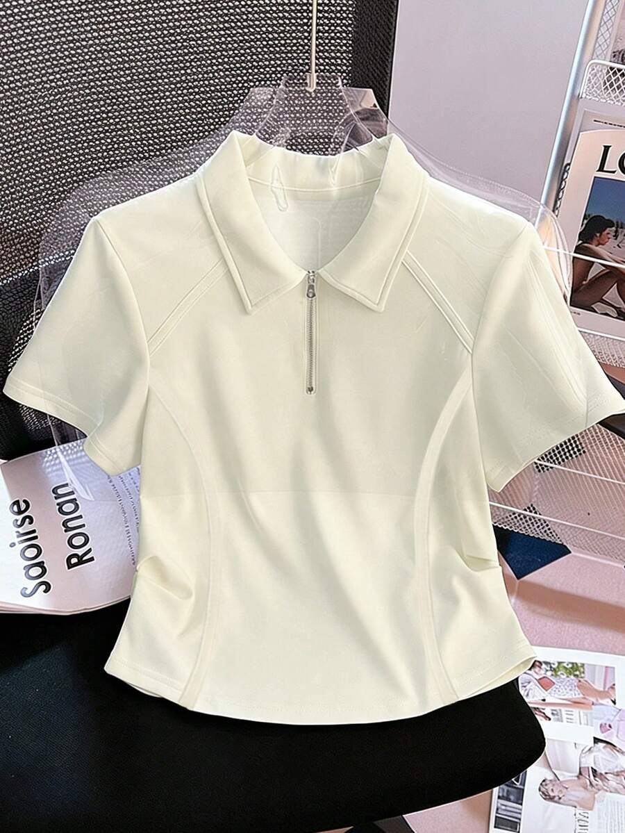 Resyla Half-Zip Polo Collar Short Sleeve T-Shirt, Pleated Shoulder, Waist Cinched, Cropped Top - White - View 1