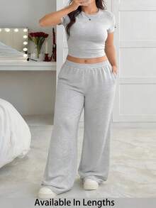 SHEIN Tall CURVE Plus纯色短款T恤和阔腿裤套装 - 灰色 - 查看 7