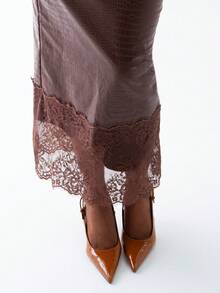 OverBlushhh Women's Elegant Faux Leather Crocodile Texture High-Waisted Straight Pencil Skirt With Lace Slit,Shades Of Brown,Autumn,Date,Work Office Long Skirt - Brown - View 5