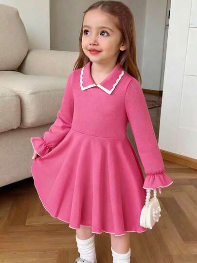 Elladie kids Young Girl French Fashion Elegant High-End Flat Collar Waist Snug Fit Casual Dress, Collegiate Style For Outings, Autumn/Winter Girls Spring And Autumn Dress Girl Dresses Elegant Casual Long Sleeve Girls Dress Dress Pink For Kids