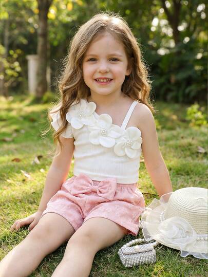 两件套女童罗纹针织荷叶袖碎花背心和蝴蝶结刺绣短裤，白色上衣搭配粉色短裤，时尚甜美休闲度假装