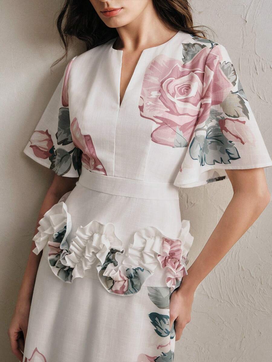 Anewsta 女款白色與粉色玫瑰花卉印花優雅圓領短袖A字長洋裝,夏季荷葉邊飾婚禮伴娘禮服 - 彩色 - 查看 1
