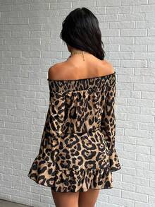 Flirla Vestido mini de fiesta con diseño de cinturón y hombros descubiertos con estampado de leopardo para mujer - Multicolor - Ver 2