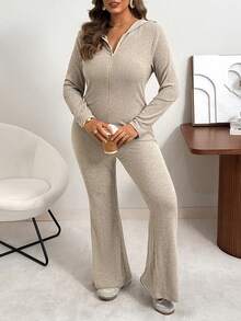 Vionelle 大码女式休闲前拉链连帽连体裤，喇叭裤腿长袖连体衣，适合日常穿着、居家、街头风、圣诞节、新年及其他场合。 - 灰色 - 查看 6