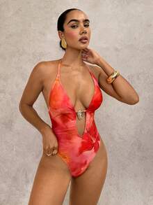 Swim Glamine Áo tắm liền thân gợi cảm kiểu Bohemian dành cho nữ, họa tiết hoa dâm bụt, cổ yếm. - trái cam - Xem 6