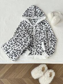 Elamini Women's Autumn/Winter Fashion Leopard Print Thermal Lined Zip-Up Hoodie And Drawstring Flare Pants 2-Piece Set, Casual Sporty Versatile - Black and White - View 4