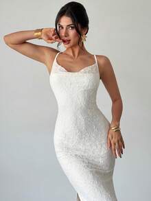 Firerie 女士优雅简约精致浪漫迷人时尚情人节约会日常假日婚礼蕾丝荷叶边吊带修身长款白色连衣裙 - 白色 - 查看 5