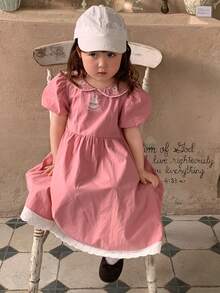 DAZY Đầm kiểu Hàn Quốc dễ thương cho bé gái, cổ Peter Pan, thêu hình thỏ hoạt hình, thích hợp cho mùa xuân/thu. - Đỏ - Xem 10